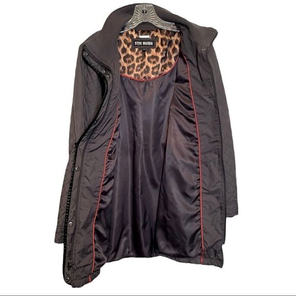 STEVE Madden Quilted Coat Gray Leopard Lining Zip Knee Length Womens M - Picture 2 of 9